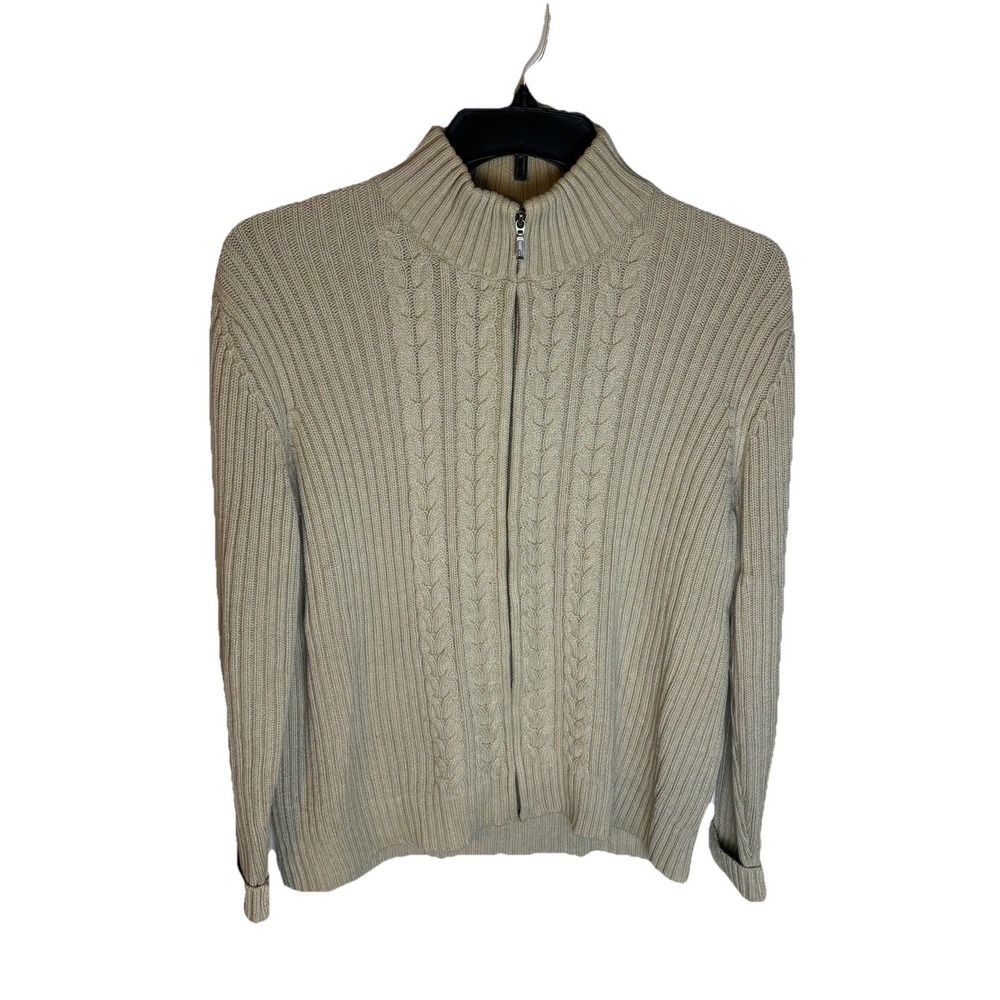 Lands End Cable Knit Full Zip Sweater Women's 100% Cotton Large 14-16 Beige